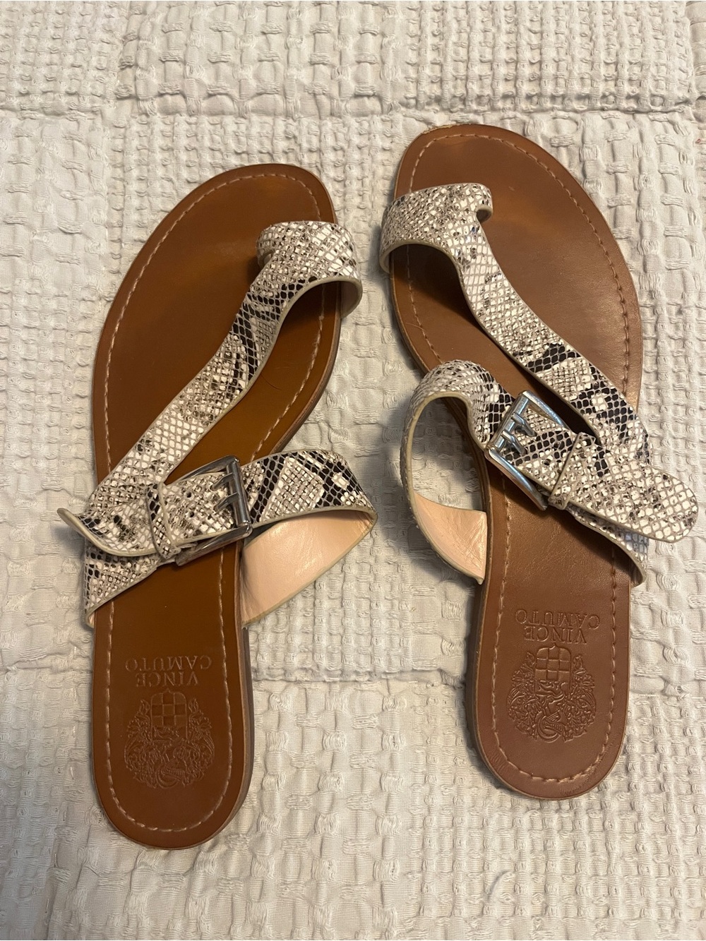 Vince Camuto Neutral Snake-Print Buckle Slide Sandals